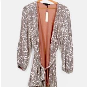 FENFENLU&STUDIO long sleeve, silver, sparkle, wrap dress.  Never worn!